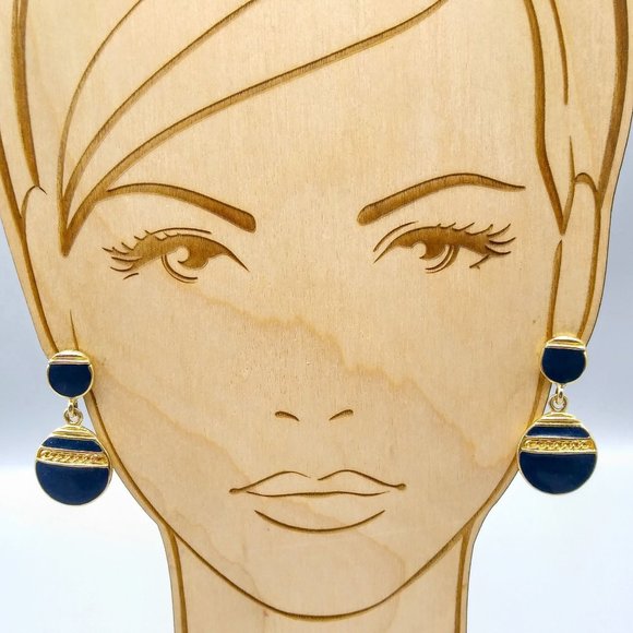 Vintage Blue Enamel Drop Earrings, Chic Gold Tone Dangles - Picture 1 of 4